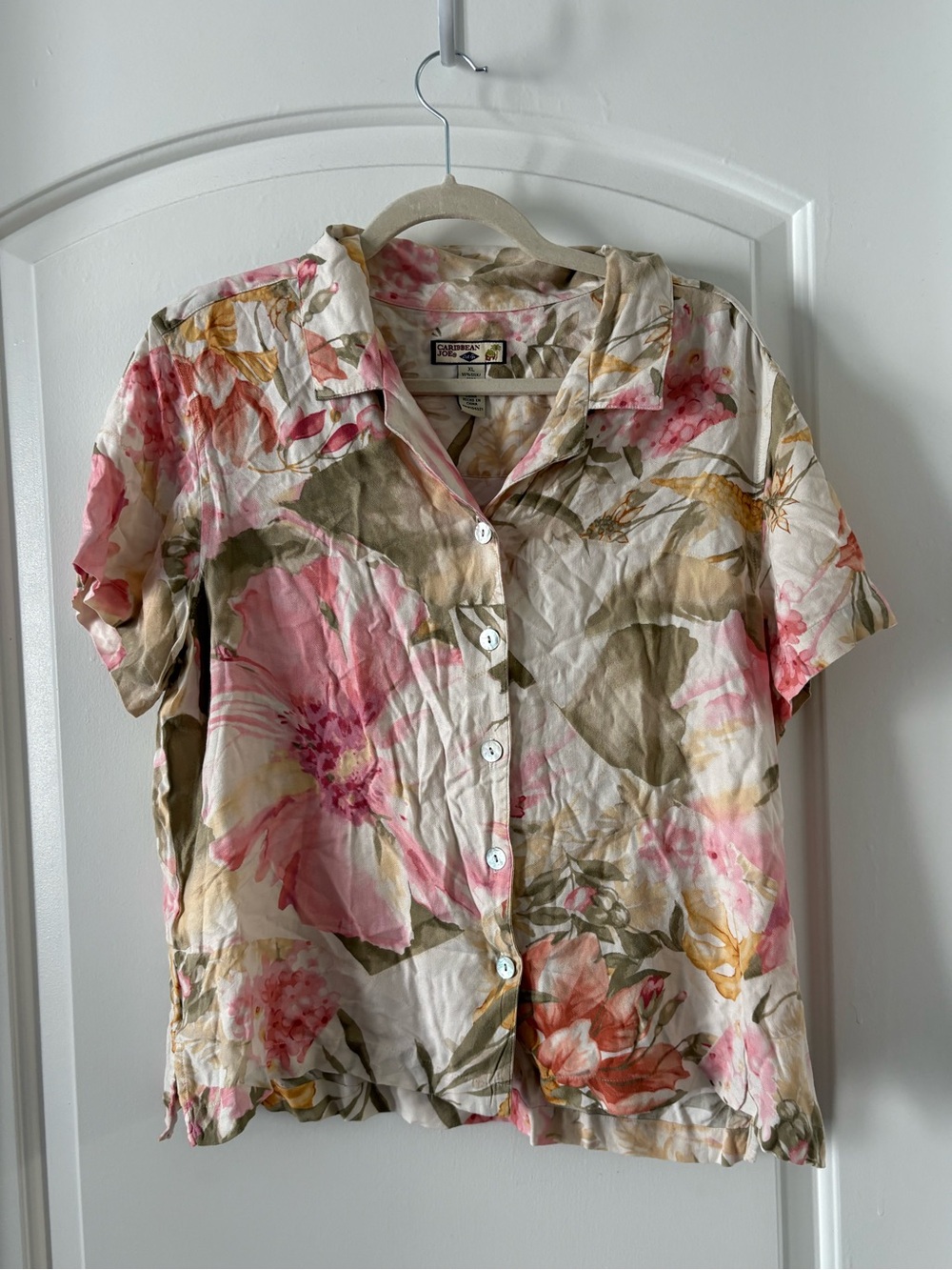 Caribbean Joe Pink & Olive Floral Button-Down Short Sleeve Top